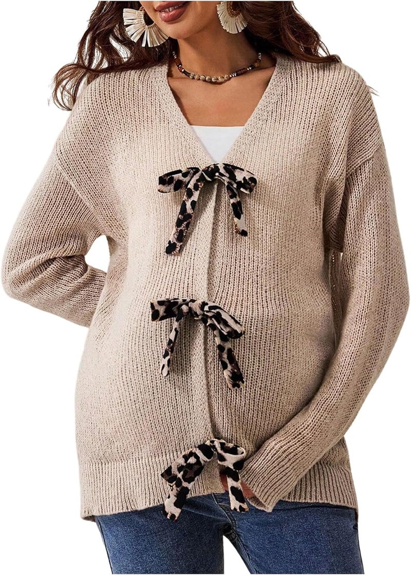 MakeMeChic Women's Fall Maternity Clothes Cheetah Print Long Sleeve V Neck Pregnancy Cardigan Sweater - Image 1